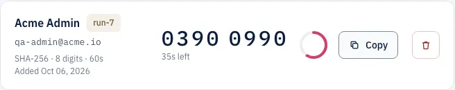 An account's card on the dashboard's Authenticator page: its issuer, account and parameters on the left, and the code shown with the seconds left in its window, a countdown ring and a Copy button.