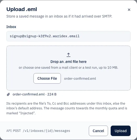 The Email page's upload dialog with a file chosen: the inbox it will go to, the file's name and size, and a note that the file's own To, Cc and Bcc addresses under the inbox are its recipients, that the message counts towards the monthly quota and that it is marked Injected.